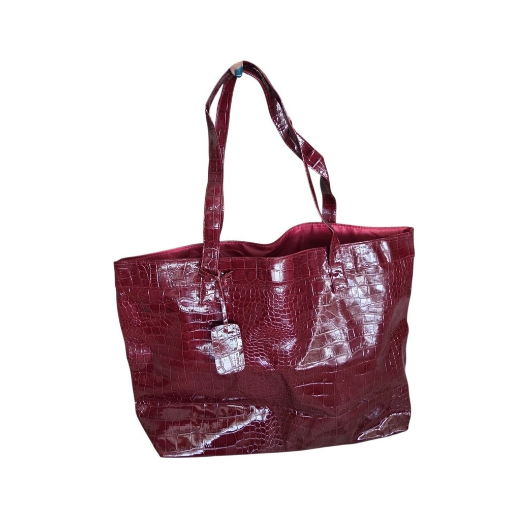 Neiman Marcus Red Croc Embossed Patent Tote Bag Large Shoulder Purse Y2K Vintage